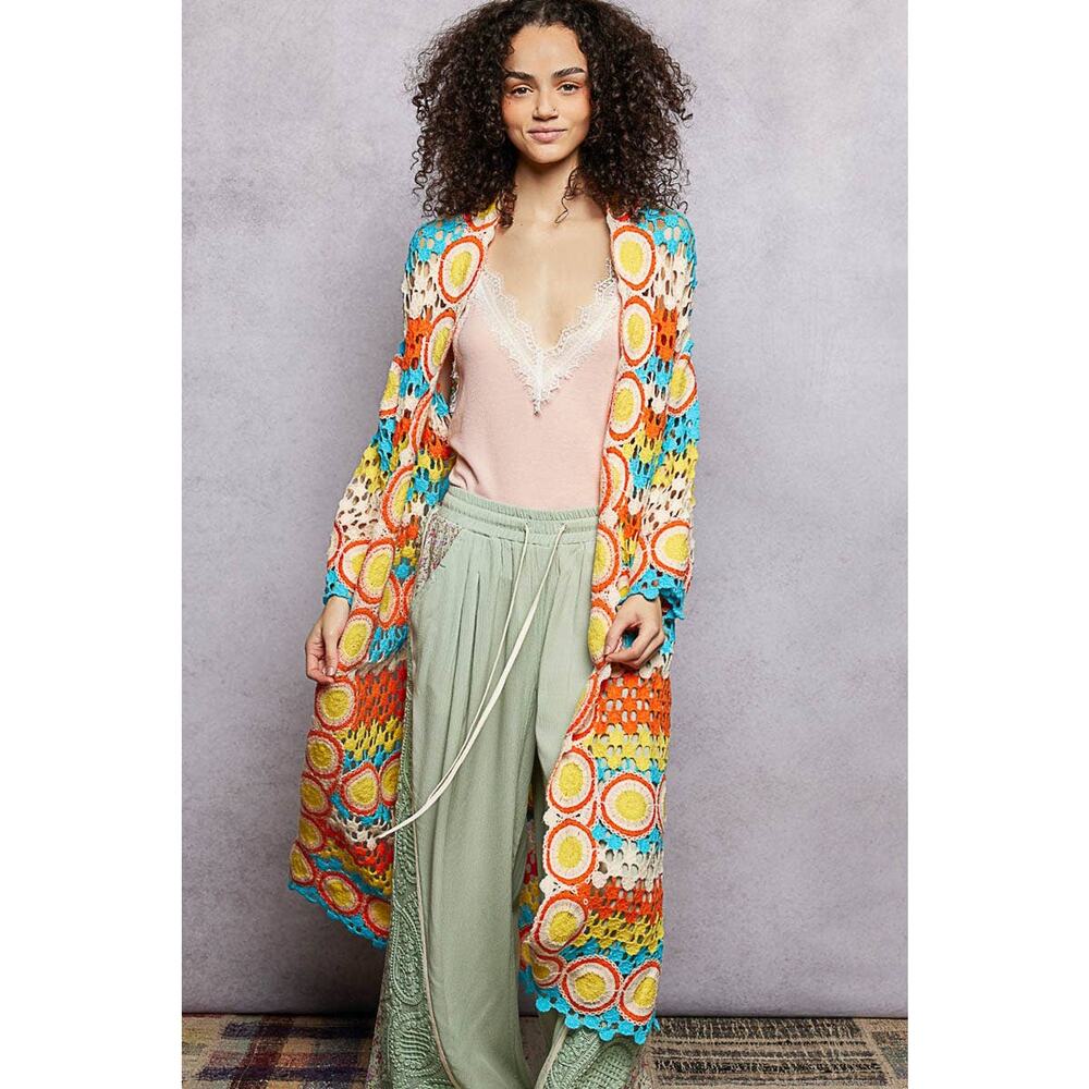 "Maisey" Crochet Open-Knit Cardigan Kimono Orange - Picture 7 of 10